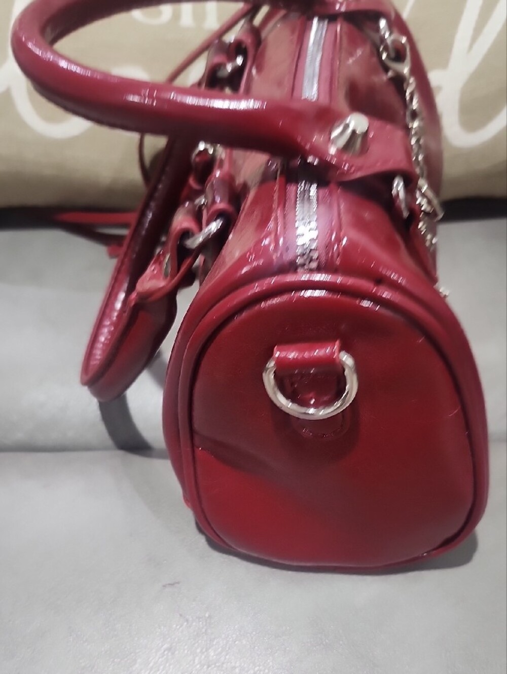 Glossy Vegan Leather Burgundy Dome Satchel/Crossbody Wirh Charm - Picture 5 of 11